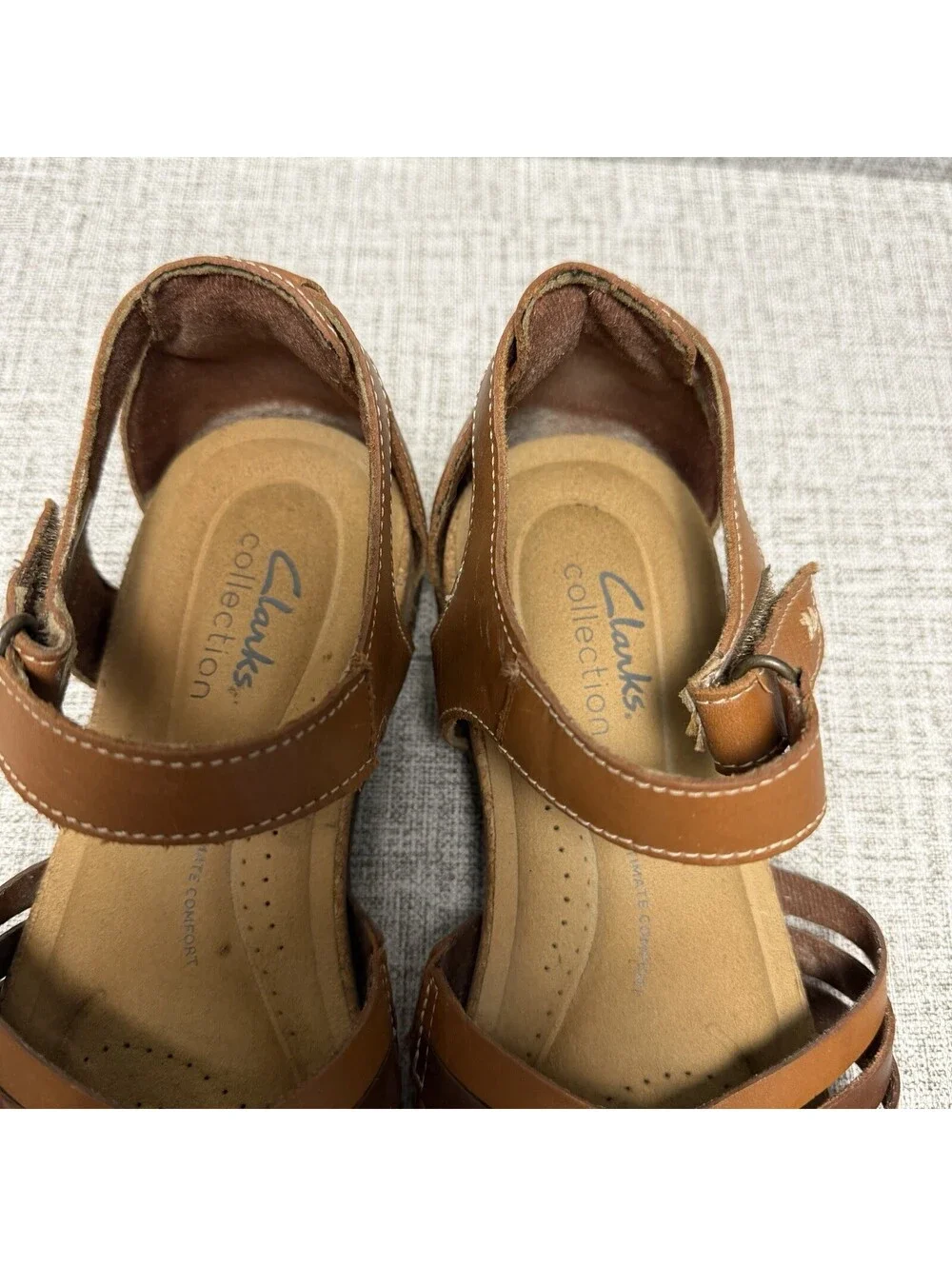 Clarks Sandals Womens Sz 6 M Brown Tan Leather Cork Strappy Wedge Roseville Cove